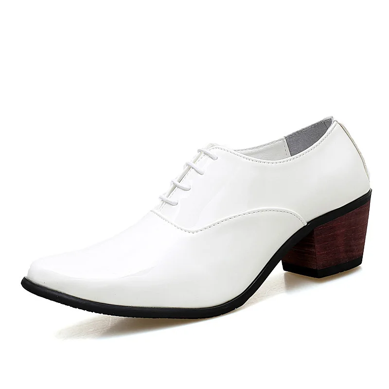 Дизайнерская мужская обувь, увеличивающая рост; итальянская Роскошная брендовая мужская обувь из лакированной кожи на высоком каблуке; блестящие мужские туфли-оксфорды - Цвет: white