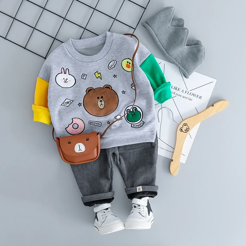 HYLKIDHUOSE/ г. Осенние комплекты одежды для маленьких девочек и мальчиков; комплекты одежды для младенцев; плюшевая футболка с медведем; брюки; Повседневный Детский костюм