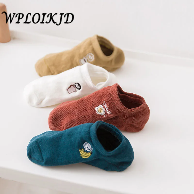 

[WPLOIKJD]Creative Embroidery Cute Eat Food Egg Pattern Funny SocksFruit Banana Socks Women Shallow Mouth Non-slip Sox Sokken