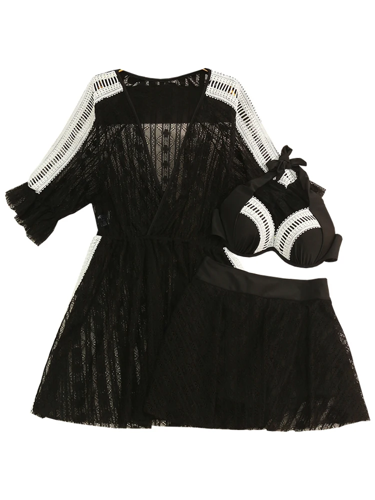 

2019 Women Black Push Up Three Piece Bikini Set Biquinis Bathing Suit Swim Beach Wear Swimming Suits Women Plus Size Swimwear