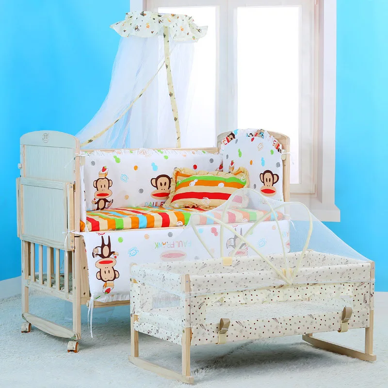 

Baby Solid Wood Crib 5pcs Cradle trolley children bed Adjustable Kids cribs Cartoon multifunction wood desk bed