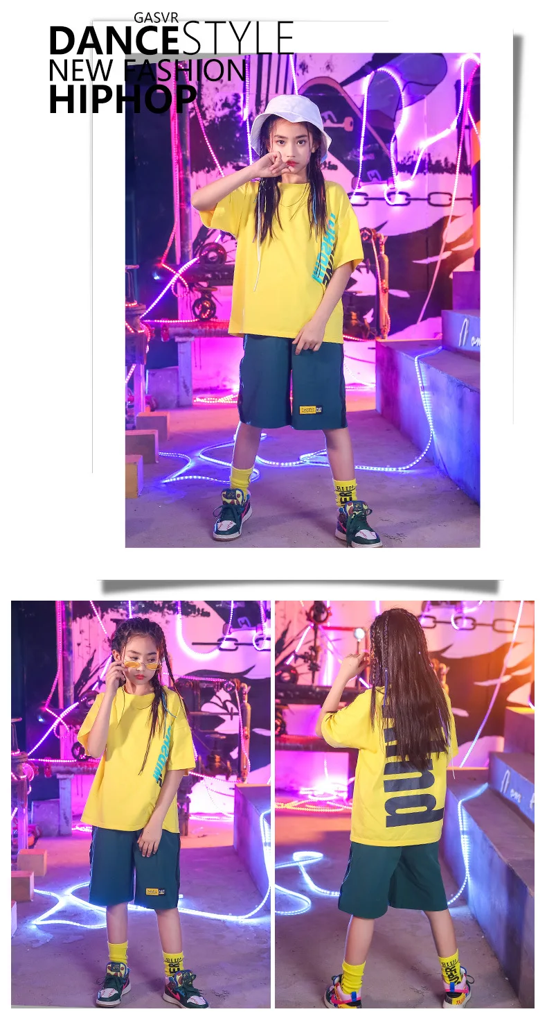 Children Hip Hop Dance Costumes Kids Street Dance Clothing Yellow Tshirt Green Shorts Girls Dancewear Stage Outfit (1)