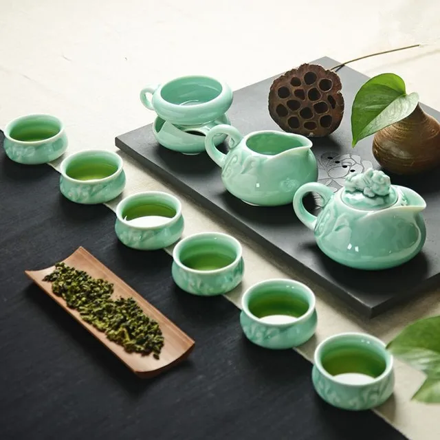 Chinese Traditional Tea Set Home, 1 Teapot With 6 Teacups, Green Color
