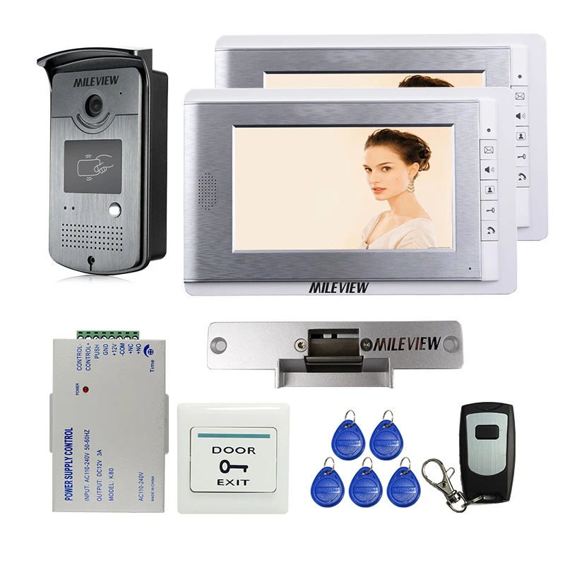

Wholesale New 7" Color Video Door Phone Intercom + 2 Monitors + RFID Card Access Bell Camera + Strike Lock Remote FREE SHIPPING