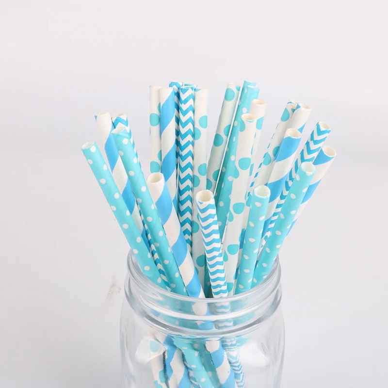 

25pc Blue Baby Shower Wave Striped Design Paper Drinking Straws For Birthday Wedding Party Disposable Tableware Supplies