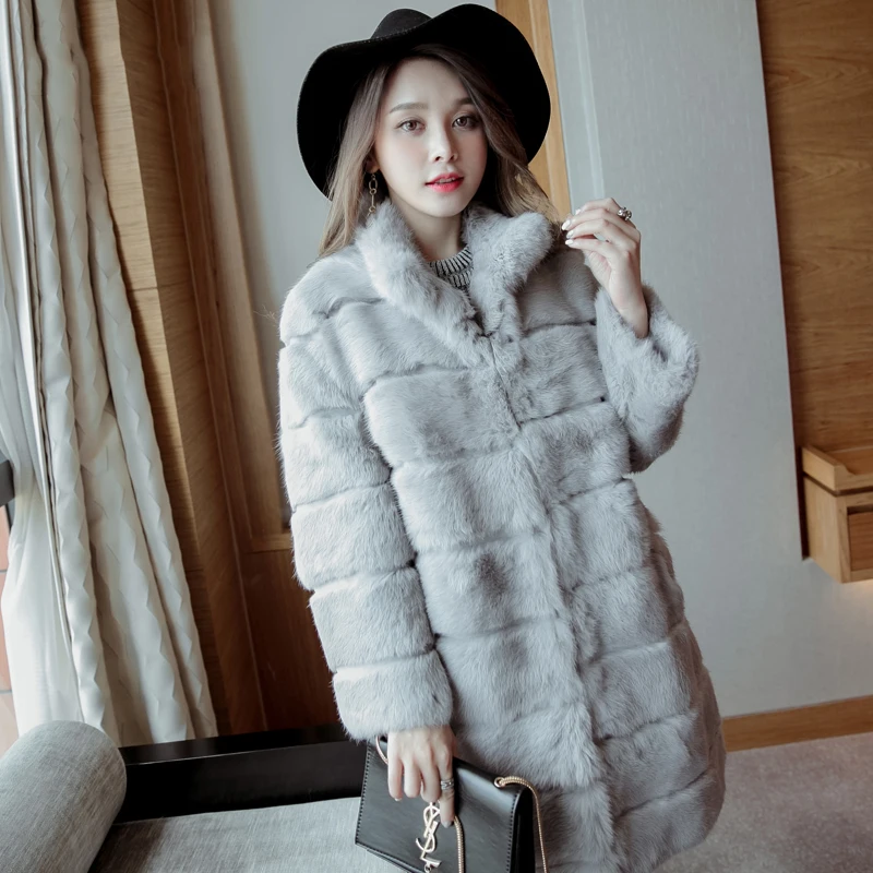 Long 90 cm Plus Size M - 6XL Wave Cut Trim High Quality Whole Skin Natural Rabbit Fur Coats Outerwear Women Real Fur Jackets