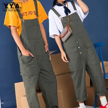 

Harajuku Men Safari Style Cargo Pants Unisex Pockets Loose Hip Hop Suspender Overalls Streetwear Retro Cotton Straight Jumpsuits