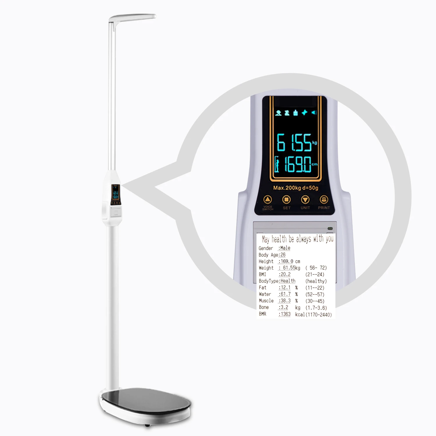 

Portable Smart Digital Body Stadiometer Ultrasonic Electronic BMI Body Fat Height Weight Multifunctional Scale with Printer