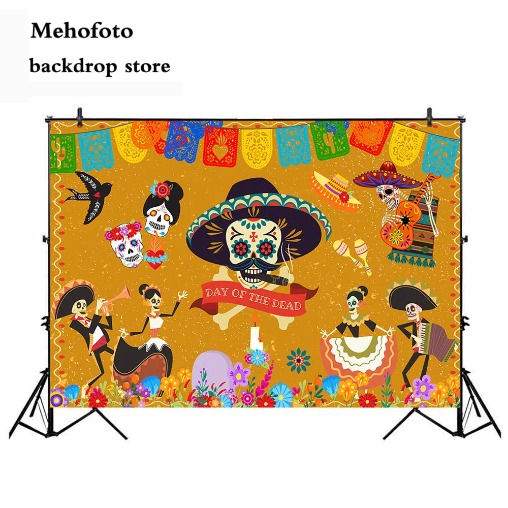 

Mehofoto Day of the Dead Photo Backdrop Death Photography Background Studio Flag Guitar Theme Party Decoration Supplies 959