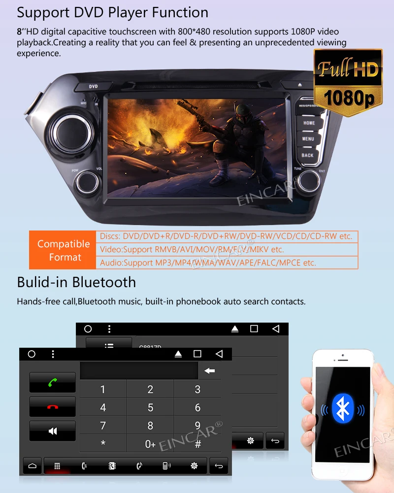 Excellent EinCar 8 " Android 7.1 2Din Touch Screen In Dash Car Stereo for KIA K2(2011-2012) Car Autoradio MP3/MP4 DVD player WiFi+Camera 5
