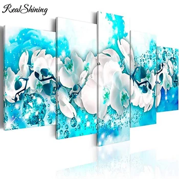 

diamond painting 5pcs White Flower Art Paintings Blue Canvas Wall Artwork Magnolia Picture Embroidery mosaic cross stitch FS5010
