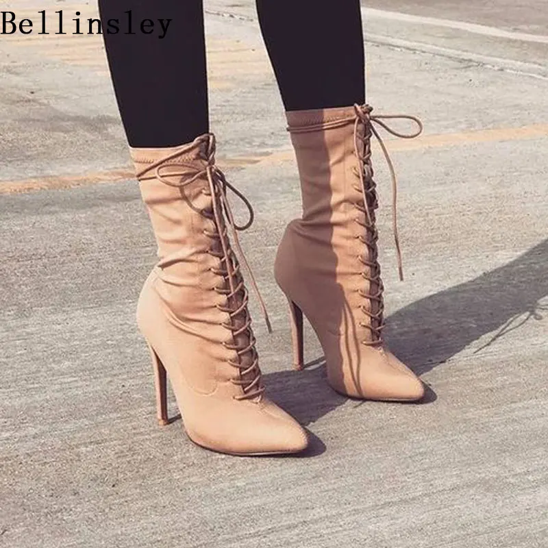 

2018 New Women Chelsea Boots Stretch Fabric High Heels Boots Pointed Toe Lace Up Ankle Boots For Women Autumn Ladies Boots Beige