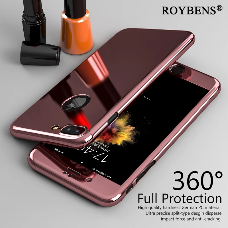 Roybens For iPhone 7 Case Luxury Full Body Case For iPhone 6 6S 7 Plus Hard PC 360 Degree Temper Glass Screen Protector Cover