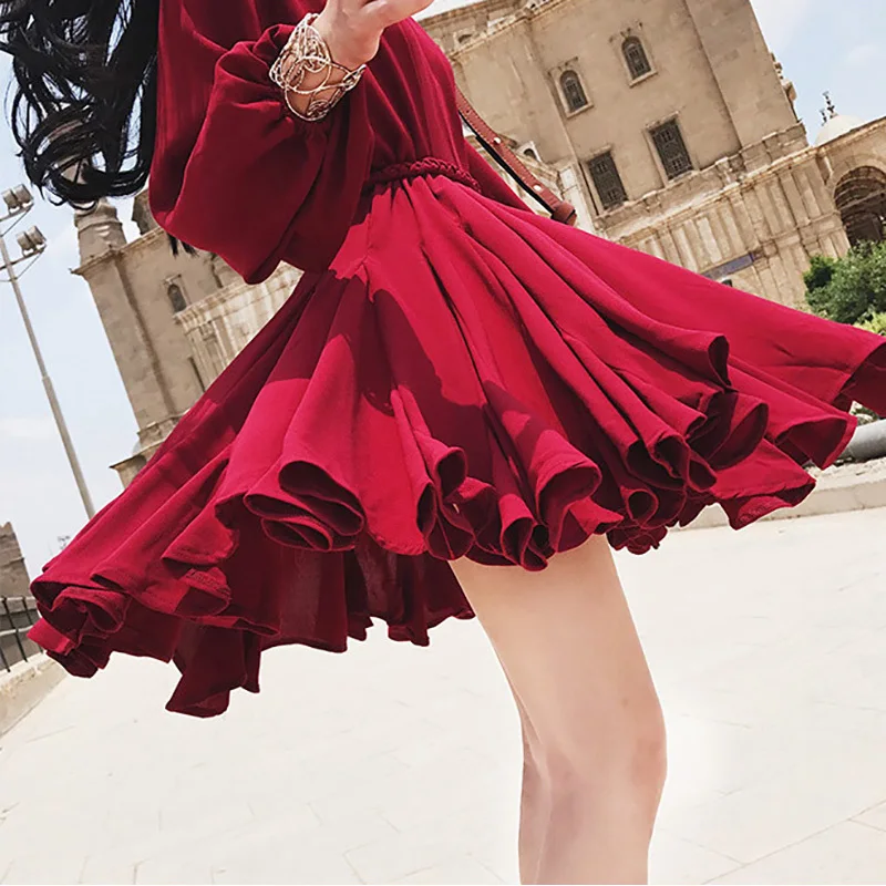 Женское винтажное свободное уличное платье с поясом, повседневное красное платье с О-образным вырезом и длинным рукавом, элегантное плиссированное платье vestidos Elgland style - Цвет: wine red