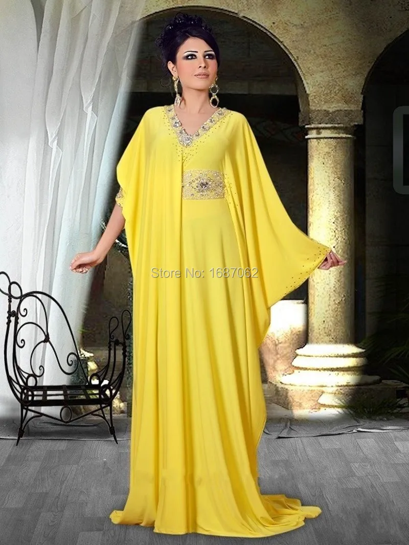 Robe de festa longo arabe jaune une ligne perles manches longues en