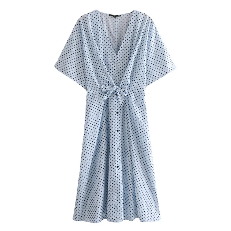 

Women Retro Dot Pattern Midi Dress Elastic Waist Short Sleeve Sexy V Neck Bow Decoration Dress FFZYQ42