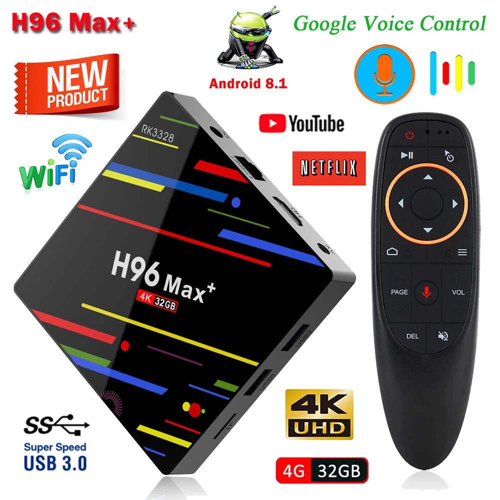 

H96 Max+ TV Box Android 8.1 4GB RAM 32GB RK3328 Quad-Core 2.4G WiFi 100Mbps HDMI 4K Media Player H.265 Voice Control Set-top Box