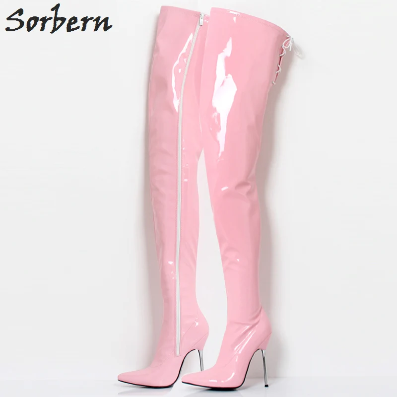 Sorbern Sexy Shiny Over The Knee Boots Thigh High Lace Up Back Pointed