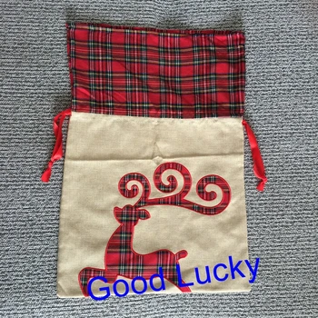 

100pcs/lot new design fashion high quality monogram drawstring candy bags plaid santa sack in stock