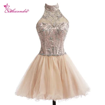 

Alexzendra Beaded Champagne A Line Short Mini Prom Dresses Custom Made Party Dress Plus Size