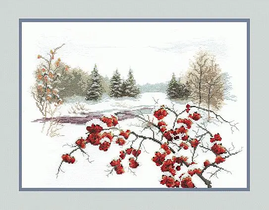 cs-2265 Cross Stitch Kit Redcurrant Red Fruits in Winter Snow White Scenery