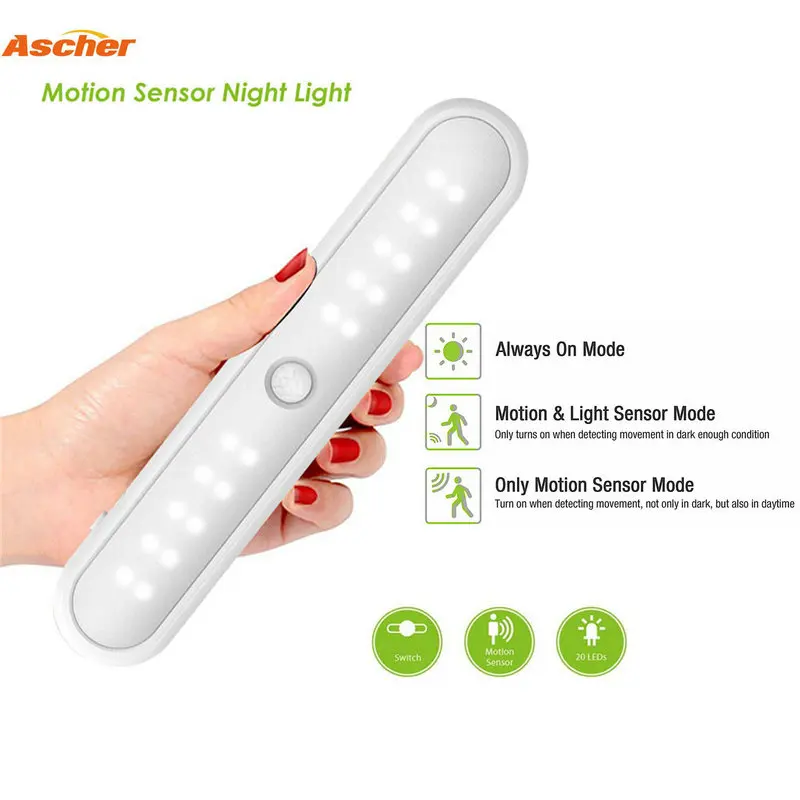 

Ascher 20LED Under Cabinet Light PIR Motion Sensor Wireless Armario Wardrobe Lighting Battery Powered Kitchen Closet Nightlight