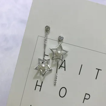 

HRina S925 Sterling Silver Asymmetry Star Drop Earrings Romantic 3-4mm Nautral Round White Freshwater Pearl Earrings Wholesale