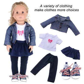 

Doll Clothes Fit 18 inch Girl Doll 5pcs -Doll Outfits Jean Coat White T-shirt Tutu Skirts Pants And Sneaker Best Gift