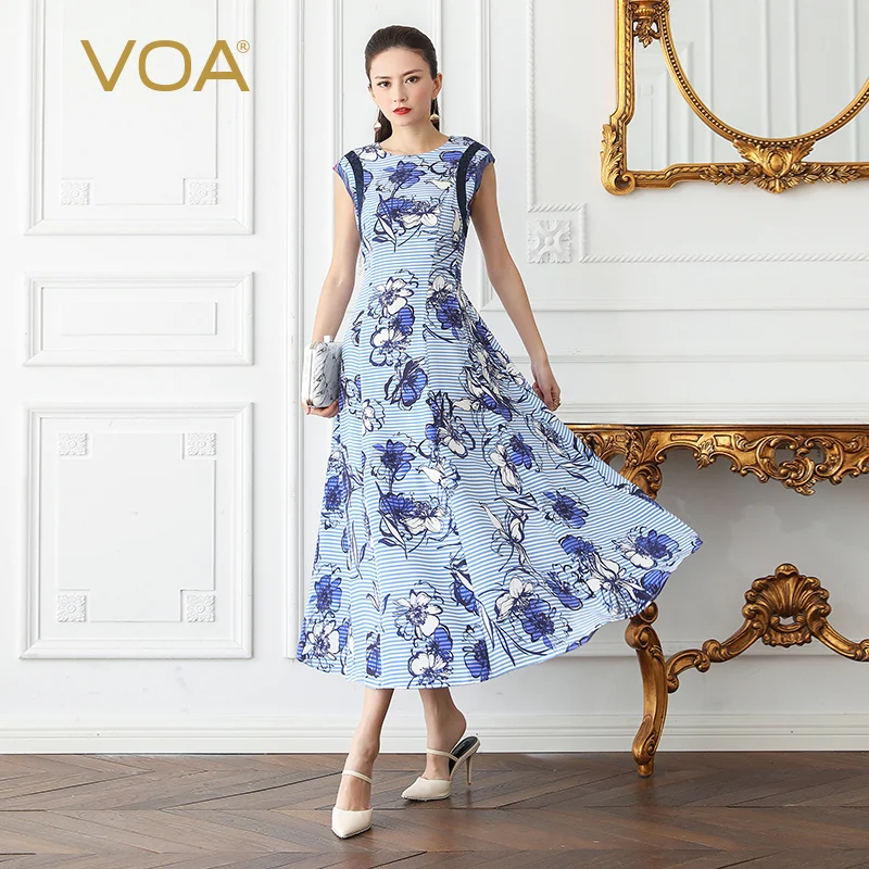 

VOA Silk Stripe Swing Dress Women Maxi Long Dresses Plus Size 5XL Elegant Vintage Slim Blue Print Summer Short Sleeve A656