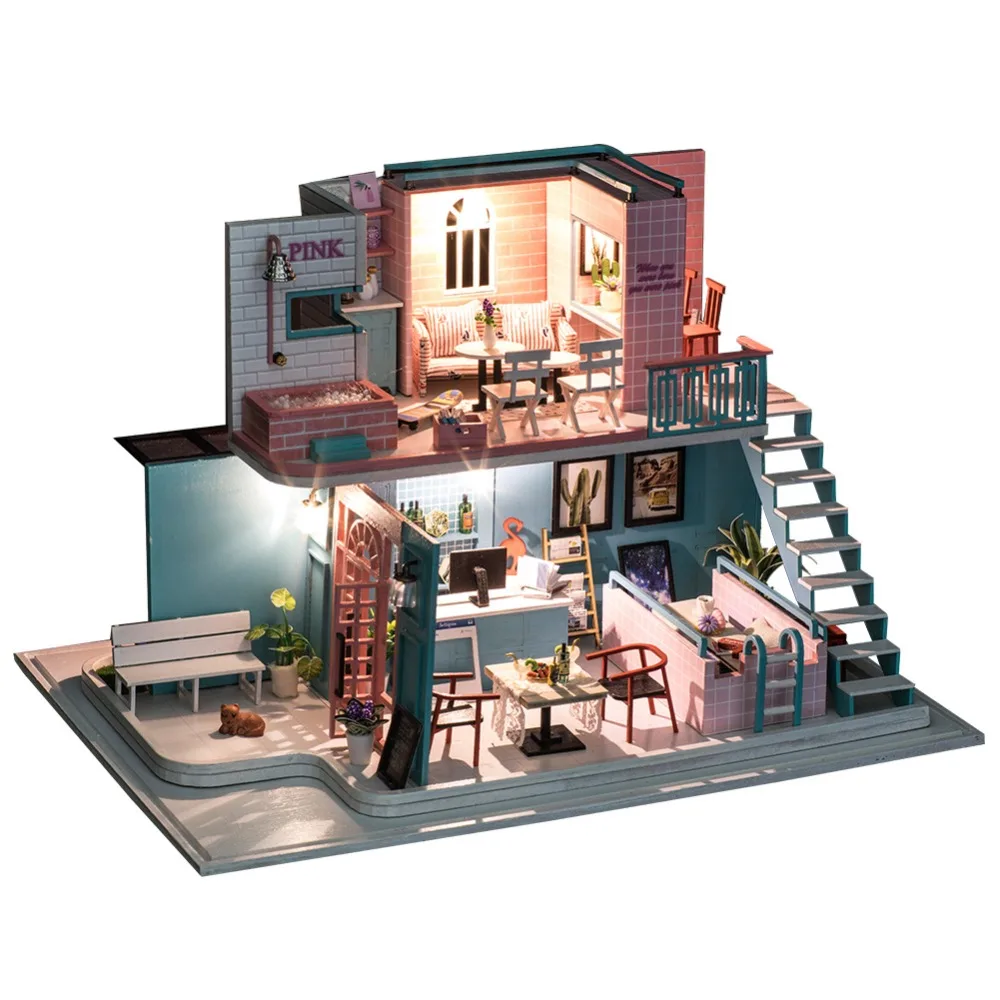 IiE CREATE Dollhouse K034 розовый кафе DIY Kit с подсветкой и пылезащитным покрытием