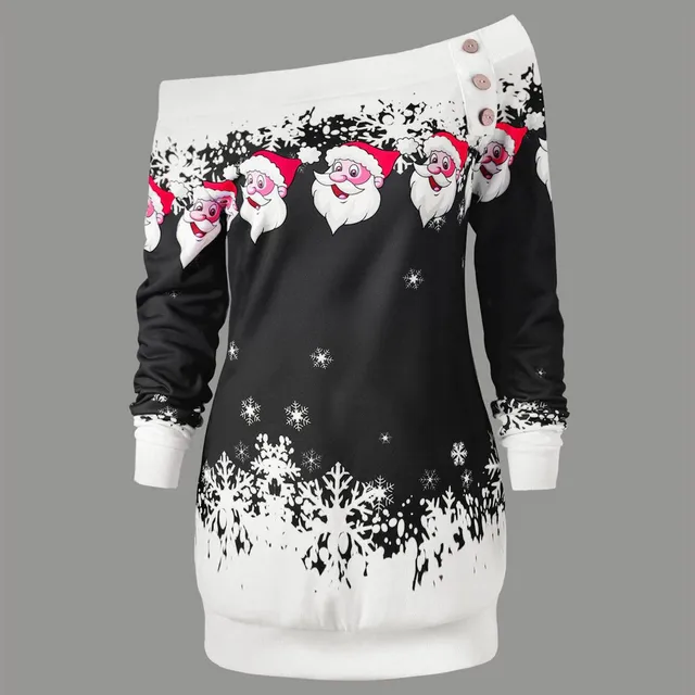 Ladies Christmas Top Plus Size Santa Snowflake Print Tops Long Off