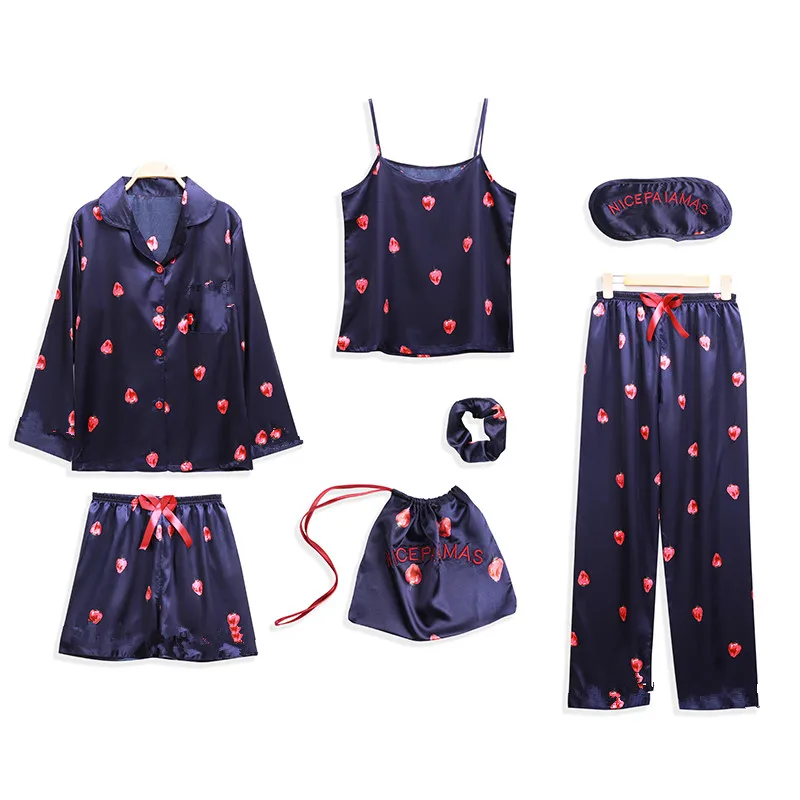 Goedkoop Lente Zomer 7 Pcs Set Zijde Elegante 2019 Vrouwen Pyjama Print Shorts Lange Mouw Top Elastische Taille Broek Volledige Lounge nachtkleding