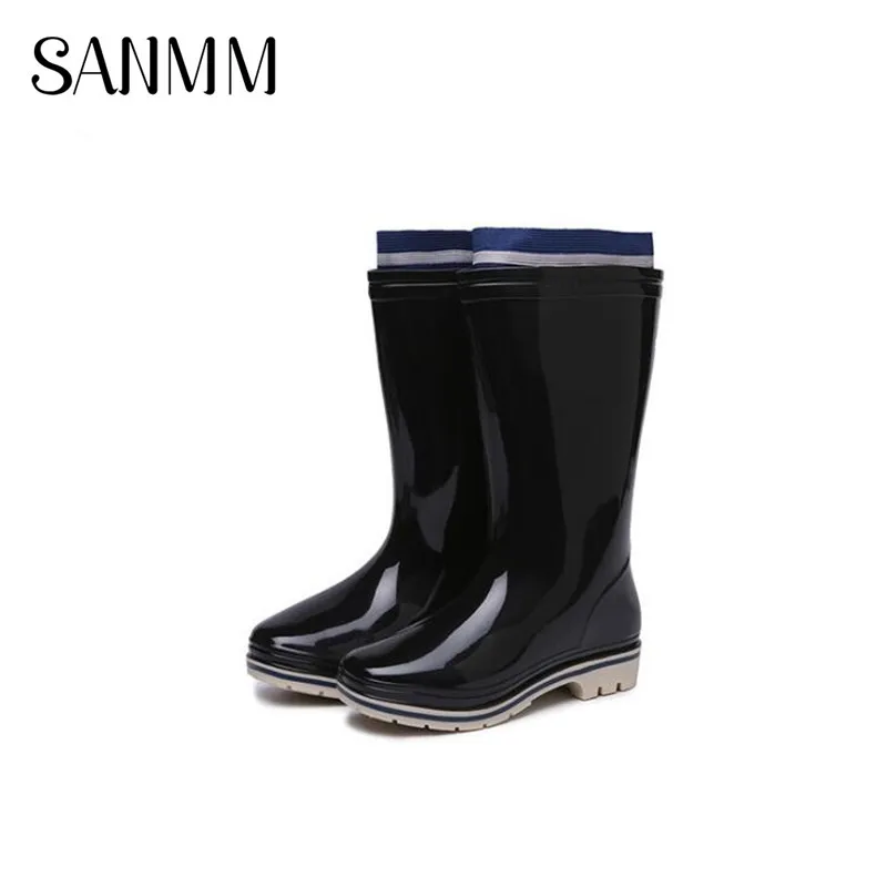 

SANMM Women Slip-On Mid-Calf Rainboots Non-Slip Waterproof Autumn Boots Flat Platform PVC Water Shoes Wellies Woman