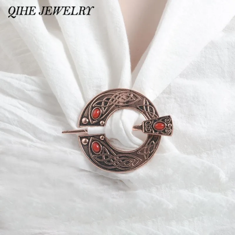

QIHE JEWELRY Viking Penannular Cloak Pin Clasp Metal Red Stone Medieval Viking Brooch Viking jewelry for men