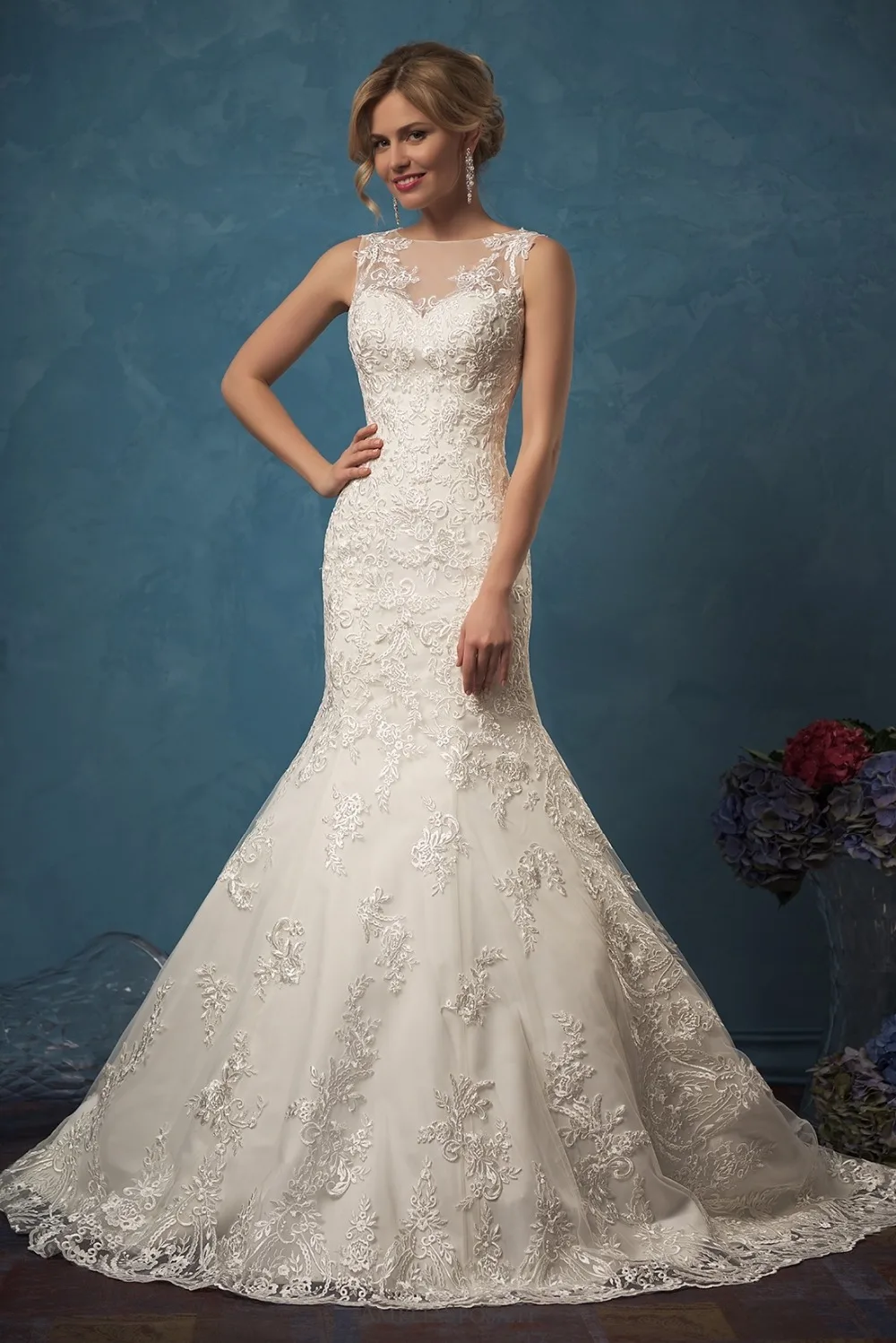 

Vestido de noiva New Sexy Mermaid Wedding Dresses 2019 Scoop Sleeveless Button Back sweep Train Lace Bride Gowns