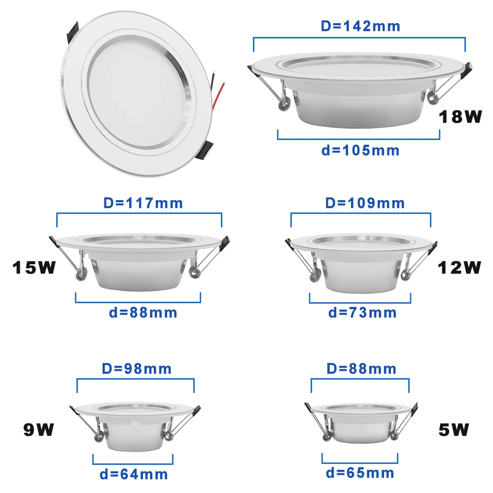 AC 220V LED Downlight Golden Silvery Ceiling Lamp Round Recessed 5W 9W 12W 15W 18W Led Light Bulb White/Warm white LED Down Lamp