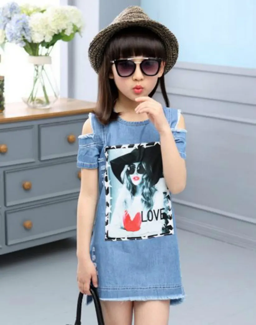 Детские платья для девочек джинсовое платье летнее платье-бюстье одежда для девочек с рисунком детская одежда с короткими рукавами джинсовые футболки