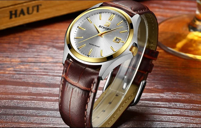 High Quality BINGER Fashion Simple Quartz Watch For Men Brand Casual Leather Wristwatches Relogio Masculino Original Box B-3052M