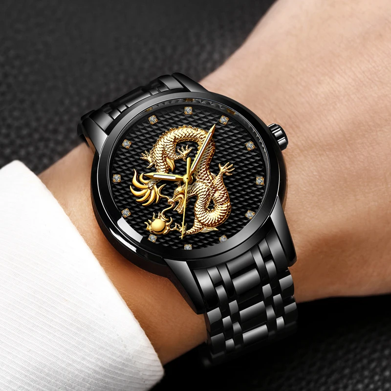 

Relogio Masculino WISHDOIT Mens Watches Top Brand Luxury Gold Dragon Sculpture Quartz Watch Men Full Steel Wristwatch WSD9850