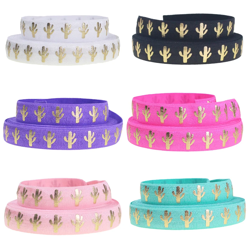 

6colors,10Yard per lot 5/8"hot sell gold foil catus printed fold over elastic Ribbon for Hair Tie Head wear Hair Accessories