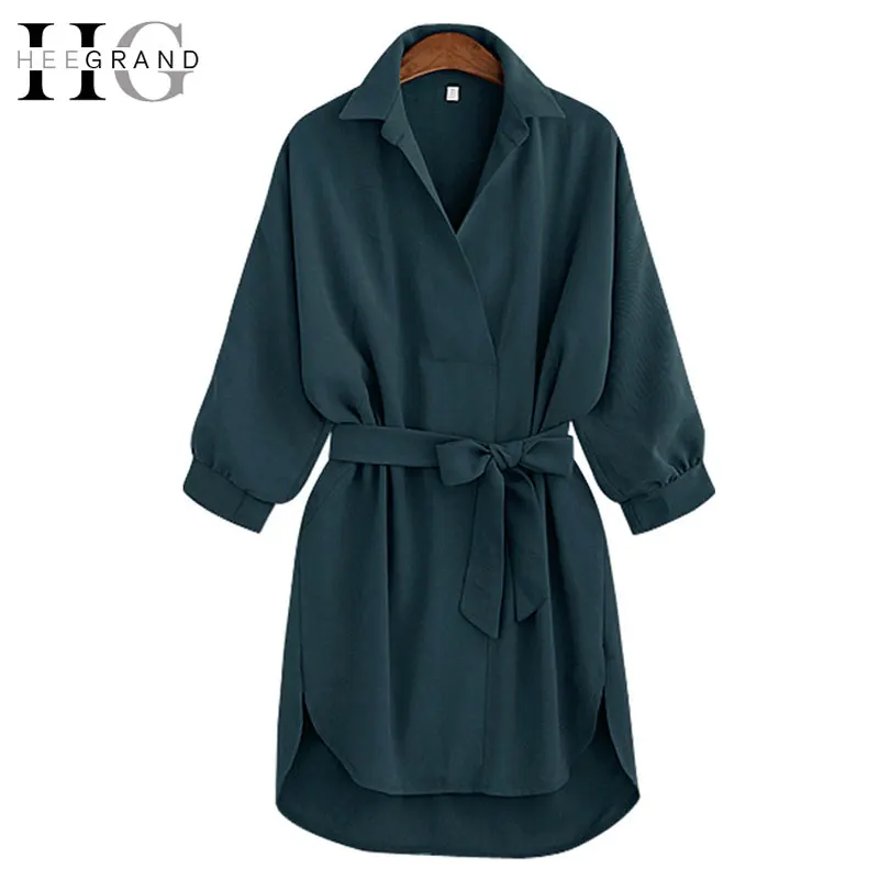 

HEE GRAND 2018 Fashion Solid Women Shirt Dresses Turn-down Collar Three Quarter Autumn Lady Dress Sashes A-Line Vestidos WQL4823