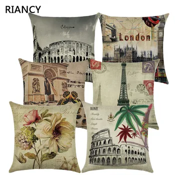 

Vintage Cushion Cover Printed Pillowcase London Paris Rome Historical Sites Cotton Linen Living Room Cushions Pillow Cover 40567