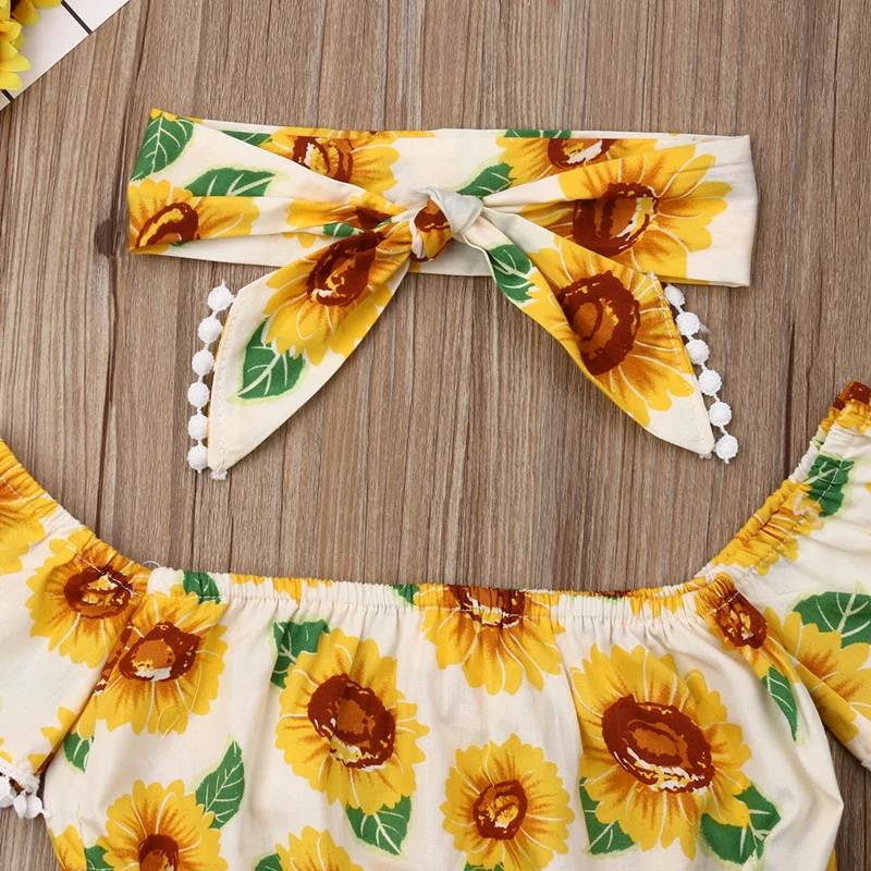 Baby Girls Off Shoulder Top T Shirt Sunflower Floral Print Shorts Headband Outfits Set Yellow