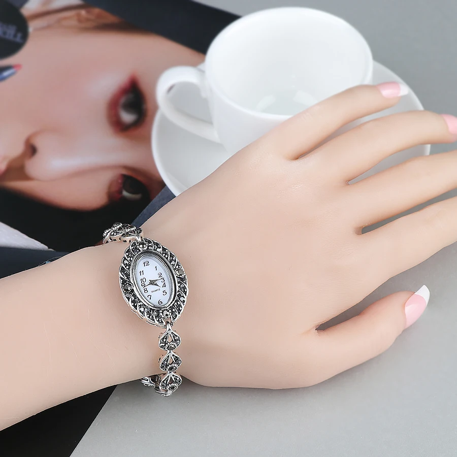 Kinel Изысканный Кристалл Цветочные браслеты для женщин античные серебряные декоративные часы для женщин ретро вид индейки ювелирные изделия