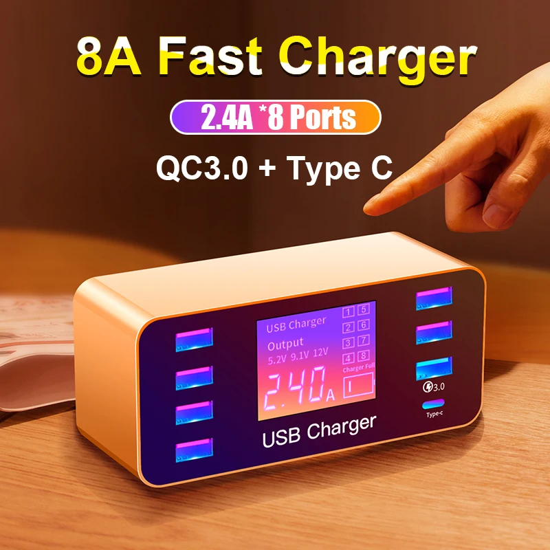 iHaitun LED 8 Port 8A 40W QC 3.0 USB Charger Type C Quick Smart Mobile Phone Charger For iPhone XS X Huawei P30 Pro Samsung S10e iHaitun LED 8 Port 8A 40W QC 3.0 USB Charger Type C Quick Smart Mobile Phone Charger For iPhone XS X Huawei P30 Pro Samsung S10e
