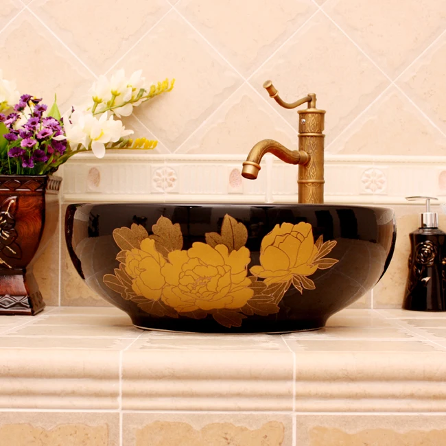 Colorful Peony Europe Vintage Style Ceramic Art Basin Sinks Counter Top Wash Basin Bathroom Vessel Sink vanities round bowl sink (4)