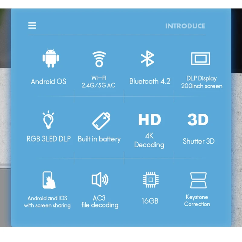  WZATCO T5 HD 4K Real 3D DLP Projector Battery with Zoom Auto KeystoneAndroid 6.0 WiFi LED Smart Pro - 33053281389