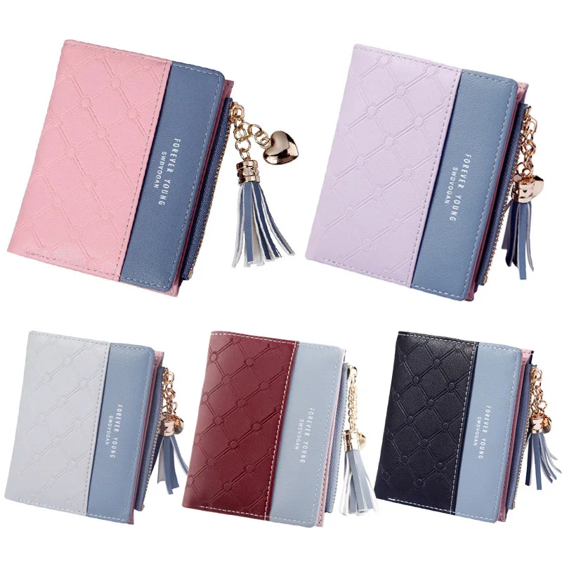 

New Arrival Women Tassel Zipper Purse PU Leather Patchwork Color Wallet Money Card Holder Bag Wallets Gifts