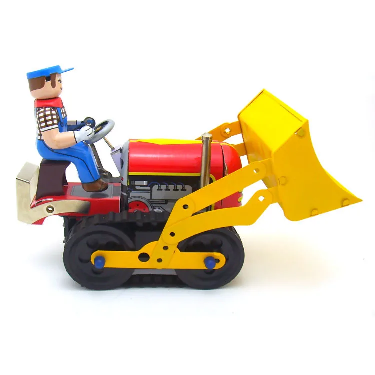 

[New] Adult Collection Retro Wind up toy Metal Tin bulldozer worker Construction vehicle car Clockwork toy figure vintage toy