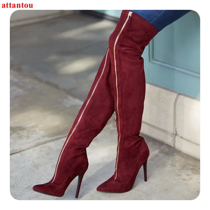 

Wine Red Suede Leather Long Boots Zipper Woman Over-the-knee Boots Pointed Toe Thin Heel Autumn Winter Fashion Female Show Shoes